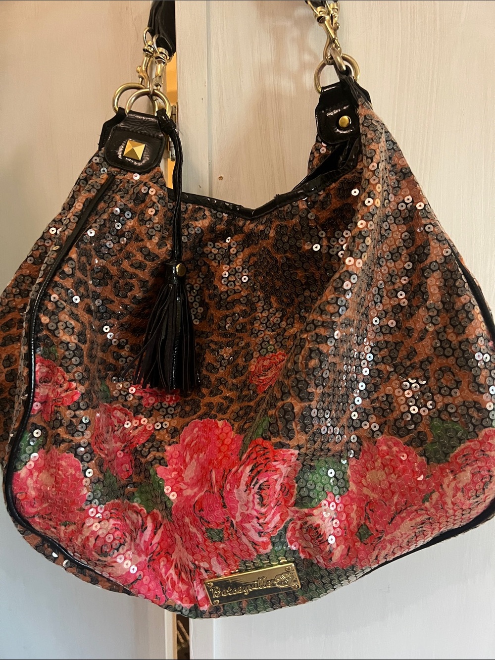 Betsey Johnson Sequinrose Hobo leopard print Bag in Brown and Pink